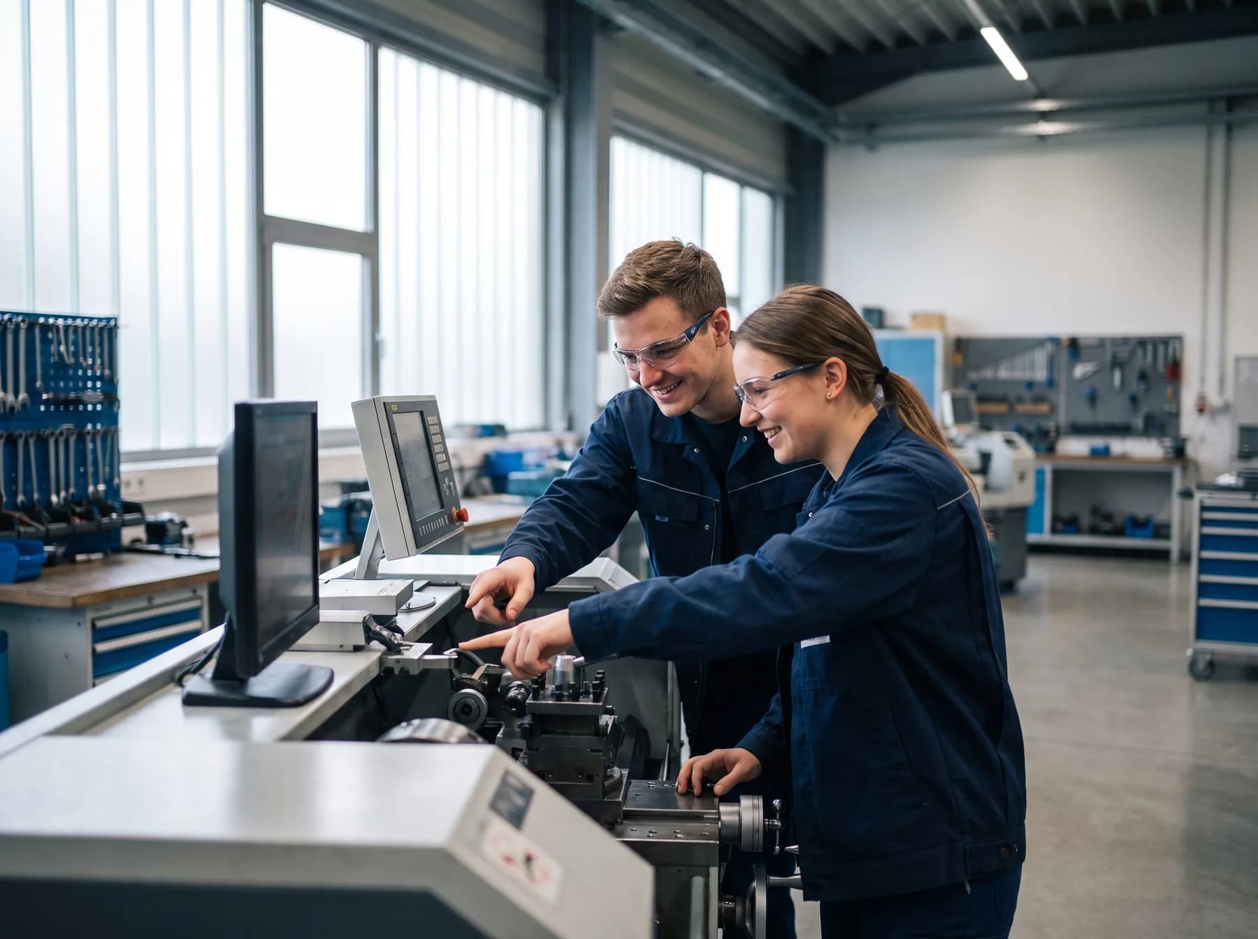 Zwei Auszubildende arbeiten gemeinsam an einer Maschine in einer modernen Werkstatt